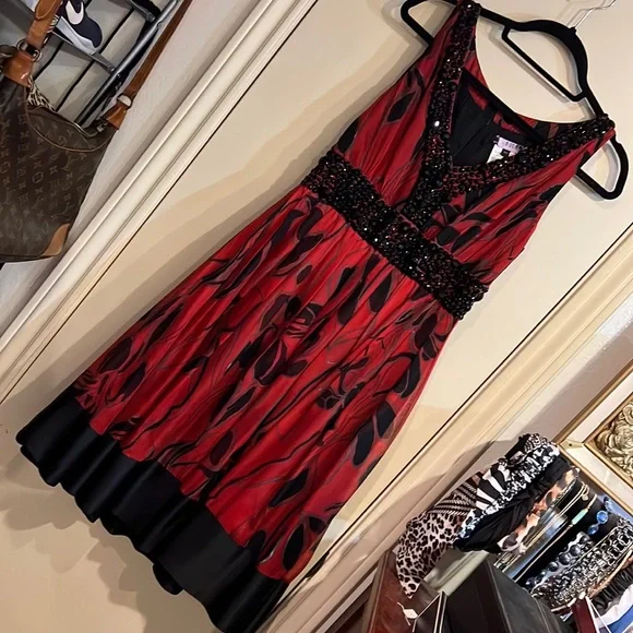 Dresses | Dark Red Dress Size Xs With Detailed Black Stones | Poshmark